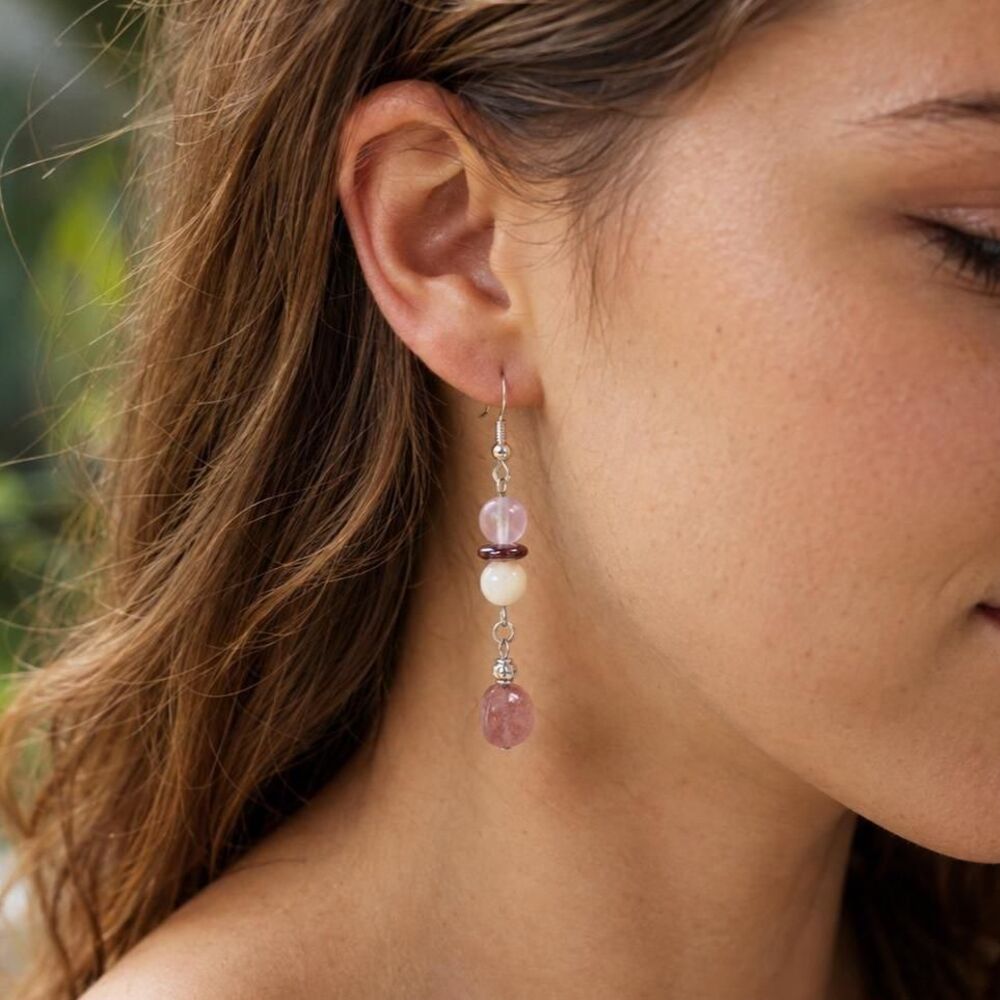 Strawberry Quartz Dangle Earrings with Mother of Pearl & Pink Glass
